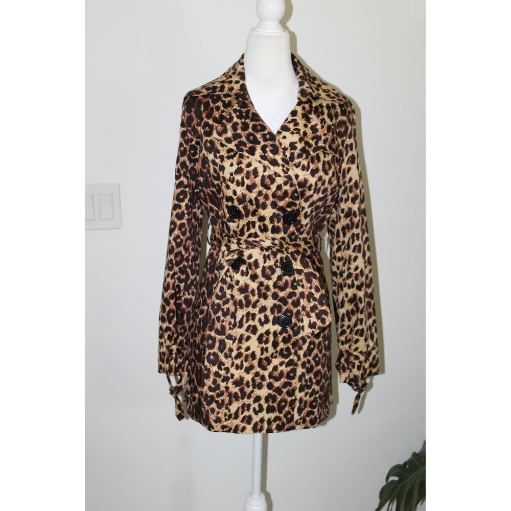 Vertigo Paris Womens Leopard Print Trench Coat Double Breasted Belted Jacket XS